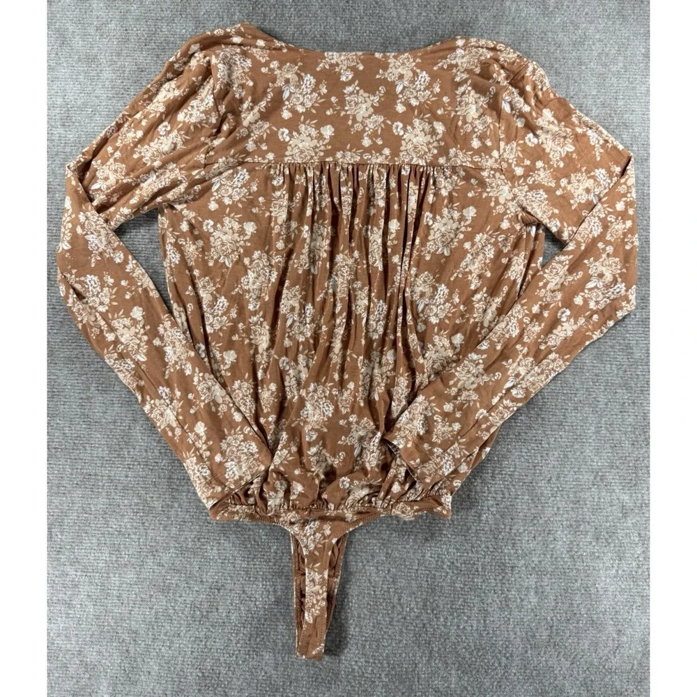 Free People Floral Surplice Wrap Long Sleeve Brown Bodysuit Top‎ Women S